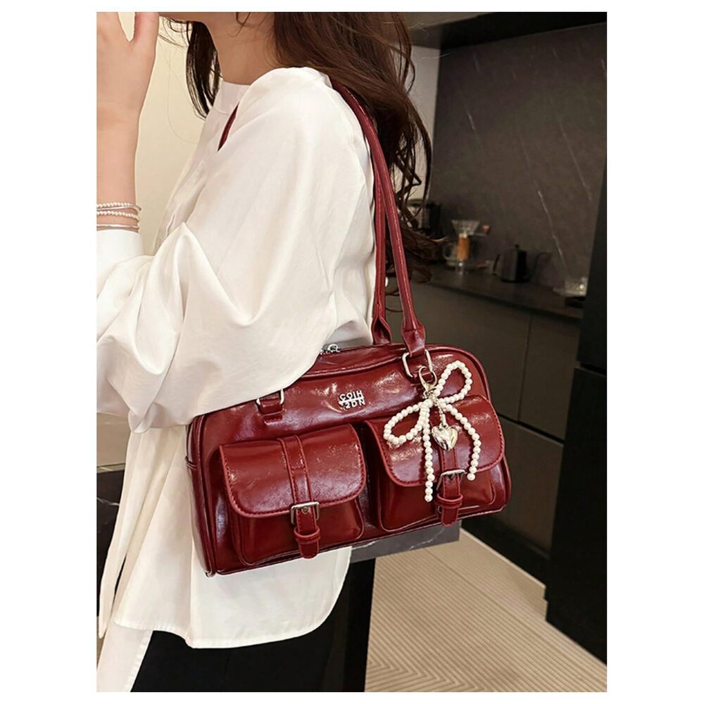8690 PU Leather Shoulder Bag Top Handle Y2k Handbag Purse Boston Bowler Bag - Picture 2 of 6